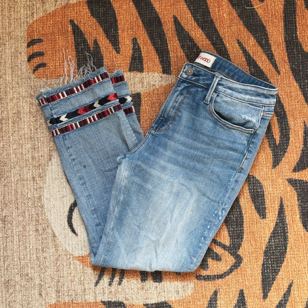 Driftwood Jeans 29 Colette Crop Straight Embroidered Raw Hem Distressed Denim